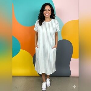 LuLaRoe Marly‎ White and Teal Striped Dress Woman's XS